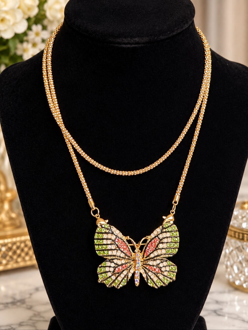 🦋 Vintage Rhinestone Butterfly Convertible Necklace & Brooch – Green, Pink Opal